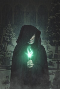 Dark portrait of hooded wizard with graveyard background . Fantasy and halloween